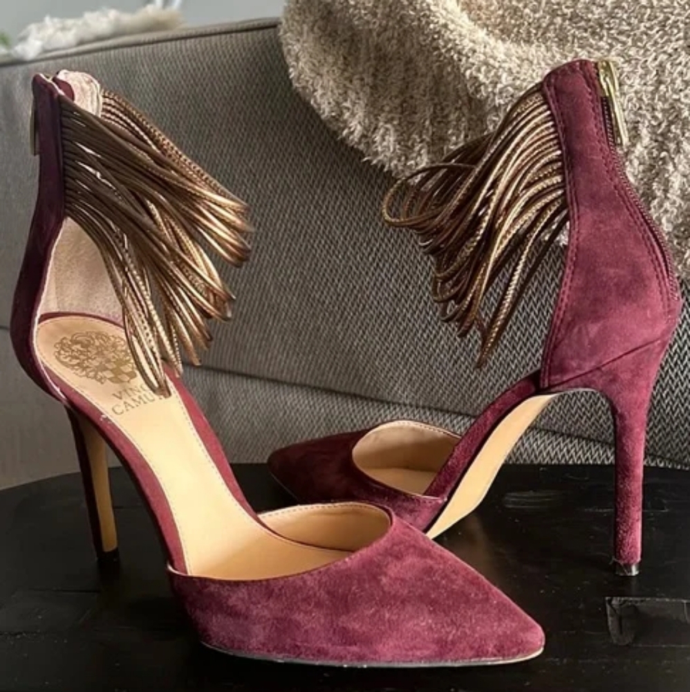 Vince Camuto Burgundy Heels with Gold Fringe